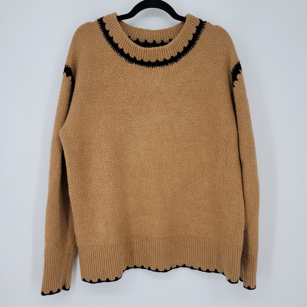 Zara Contrast Trim Oversized Brown Knit Pullover Sweater Sz S